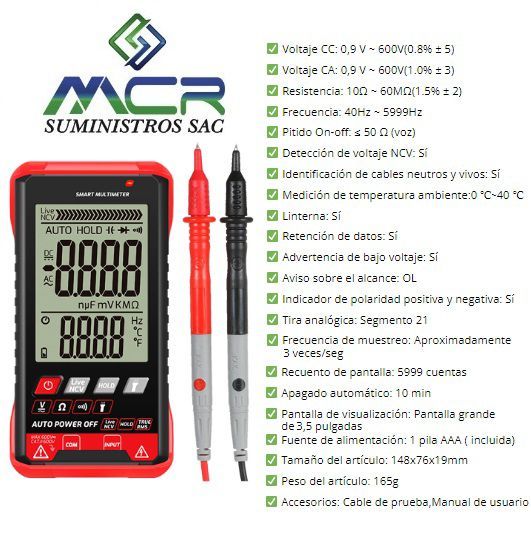 MULTIMETRO CON PANTALLA LEE EN CA Y DC HASTA 600V DIGITAL