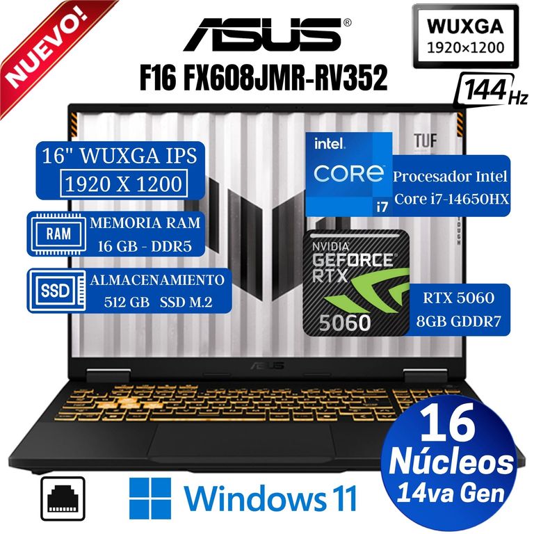 Laptop Tuf F16 FX608JMR 16” WUXGA, Core i7-14650HX, Ram 16GB, SSD 512GB, Rtx 5060, Win11