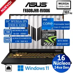 ASUS - Laptop Tuf F16 FX608JHR-RV006 16” WUXGA, Core i7-14650HX, Ram 16GB, SSD 1 TB, Rtx 5050, Win11