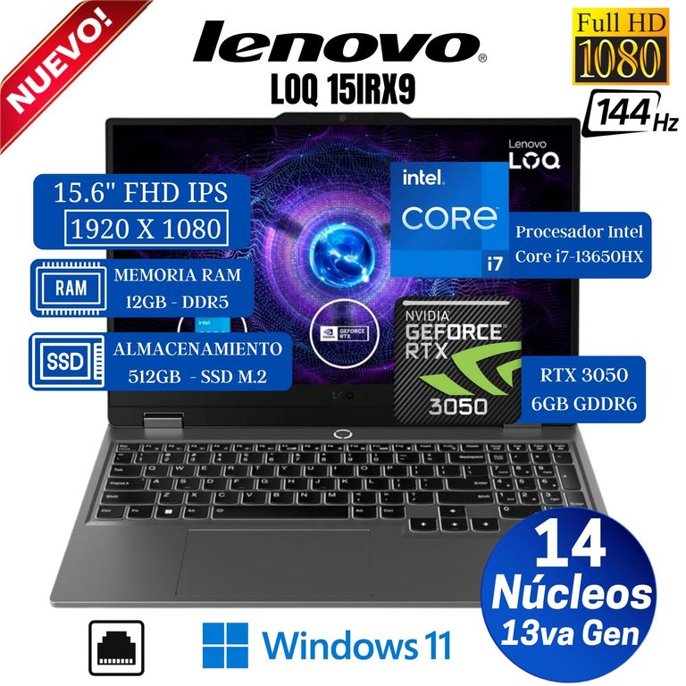 Laptop LOQ 15IRX9 15.6" FHD IPS, Core i7-13650HX, Ram 12GB, SSD 512GB , RTX 3050 6GB, Win 11
