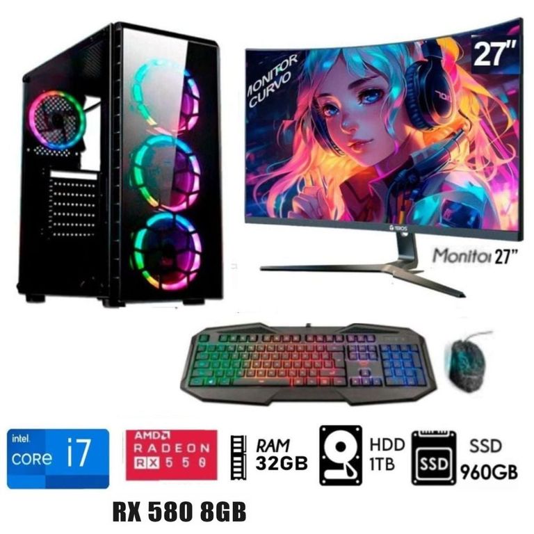 Computadora PC GAMER Core I7 Ram 32GB DISCO 1TB+SSD 960GB RX 580 8GB MONITOR 27.