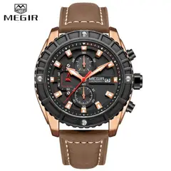 MEGIR - Reloj correa de cuero marron con acero negro y oro rosa MEG-81