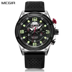 MEGIR - Reloj Acero Plateado y correa de silicona Negro MEG-85