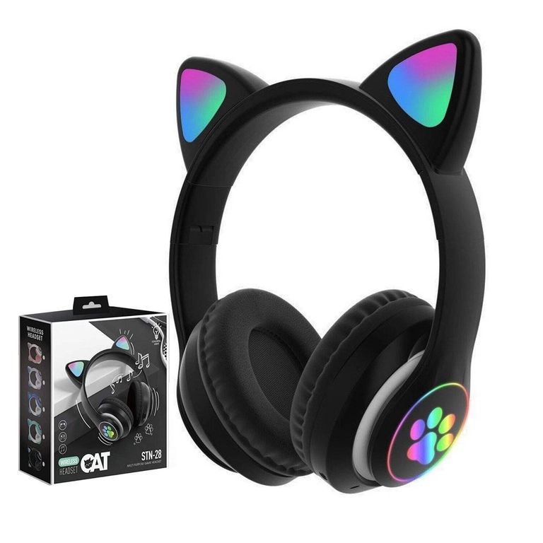 Audífono bluetooth gato con luz led Negro