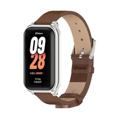GENERICO - Correa de Cuero Compatible con Xiaomi Mi Band 8 Active Marron-Silver