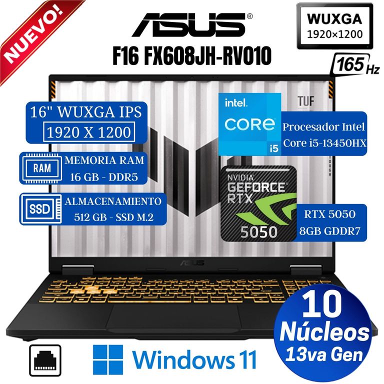Laptop Tuf F16 FX608JH-RV010 16" WUXGA, Core i5-13450HX, Ram 16GB, SSD 512GB, Rtx 5050, Win 11
