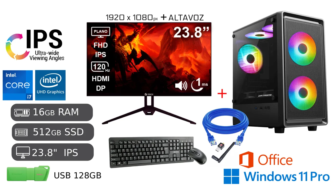 Computadora PC i7 16GB RAM SSD 512GB + USB 128GB + Monitor 24" FHD IPS