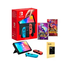 NINTENDO - Consola Switch Oled Neon+ Pokemon Violet+ Pokemon Scarlet + M