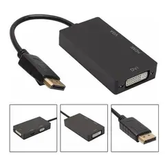 GENERICO - Adaptador Convertidor 3 En 1 Displayport a HDMI - VGA y Dvi Negro