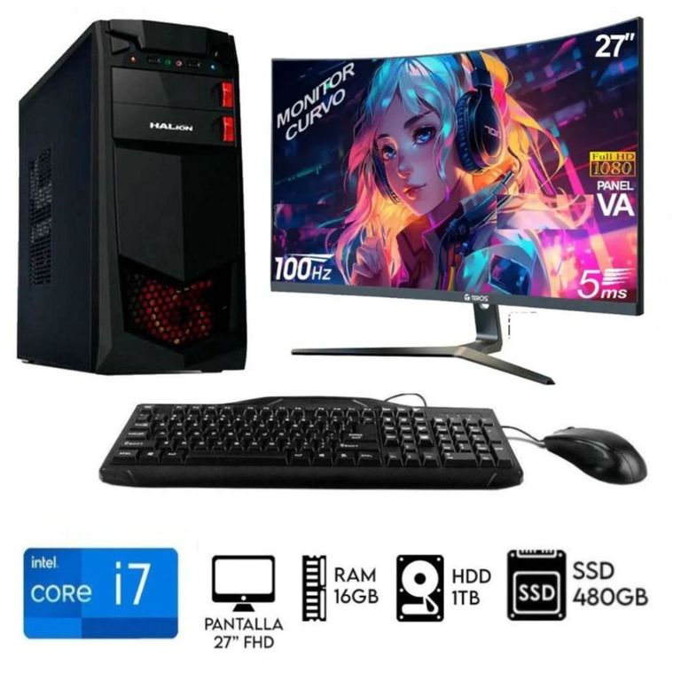 Computadora Pc Core i7-8TH Ram 16GB Disco 1TB+SSD 480GB Monitor Curvo 27