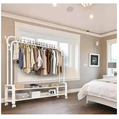 GENERICO - PERCHERO COLGADOR DOBLE ORGANIZADOR DE 2 REPISAS CON RUEDAS PREMIUM