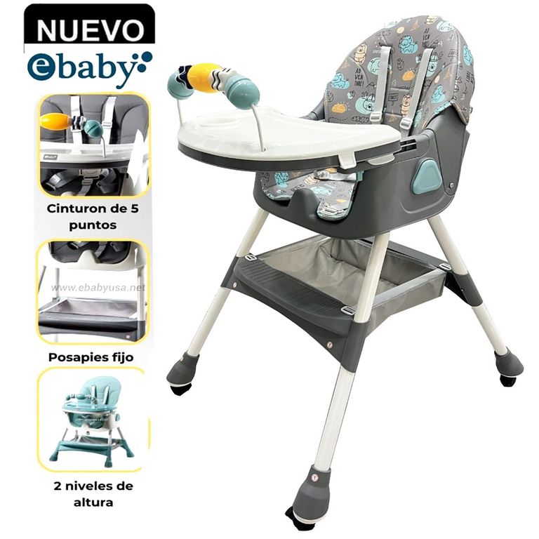 Silla de Comer Plegable Con Ruedas Doble bandeja LULU Gris