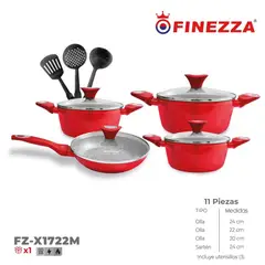 FINEZZA - Juego De OllasTapa De Vidrio 11pcs -Rojo