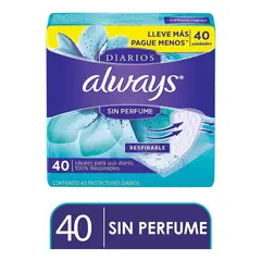 ALWAYS - Toallas Protectores Diarios Sin Perfume 40 Unidades