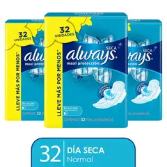 ALWAYS - Pack x3 Toallas Higiénicas Maxi Protección Seca 32 un