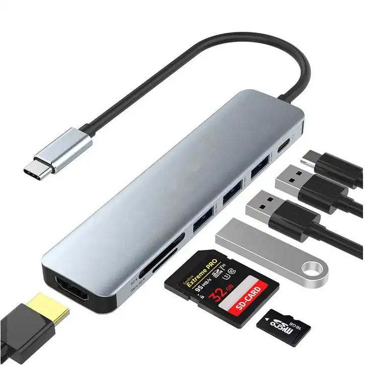 Hub Adaptador Tipo C 7 en 1 HDMI 4k Multiport Windows Mac - Aluminio