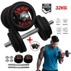 GENERICO - Set de Pesas armable 32kg - 8 Discos de 3kg 4 Discos de 2kg + Mancuernas cromadas + Guantes gratis