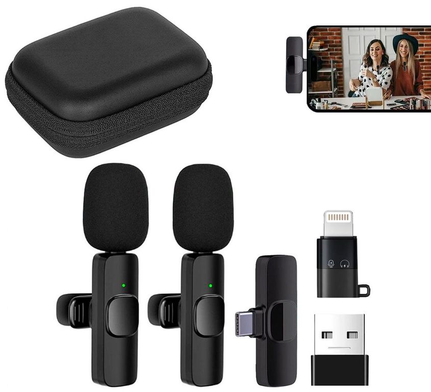 Micrófonos Inalámbricos 2 en 1 K9 Tipo C con adaptadores IOS, USB y estuche