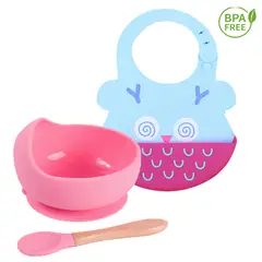 GENERICO - Pack Babero Buho con Cuenco rosa con cuchara para bebe