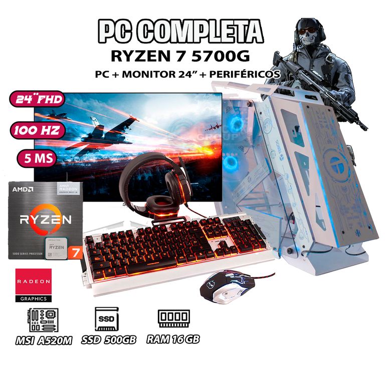 Computadora PC GAMER Ryzen 7 5700G RAM 16GB SSD 500GB MONITOR 24" Full HD