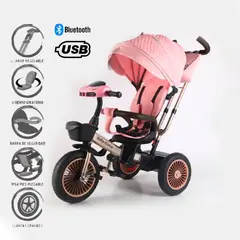 BABY GRACE - TRICICLO Giratorio 360° USB Bluetooth Tela UV ROSADO