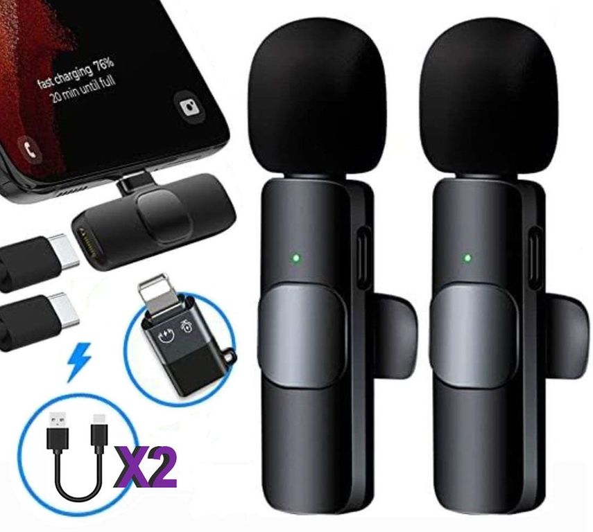 Micrófonos Inalámbricos 2 en 1 K9 Tipo C con adaptador IOS y doble cable de carga