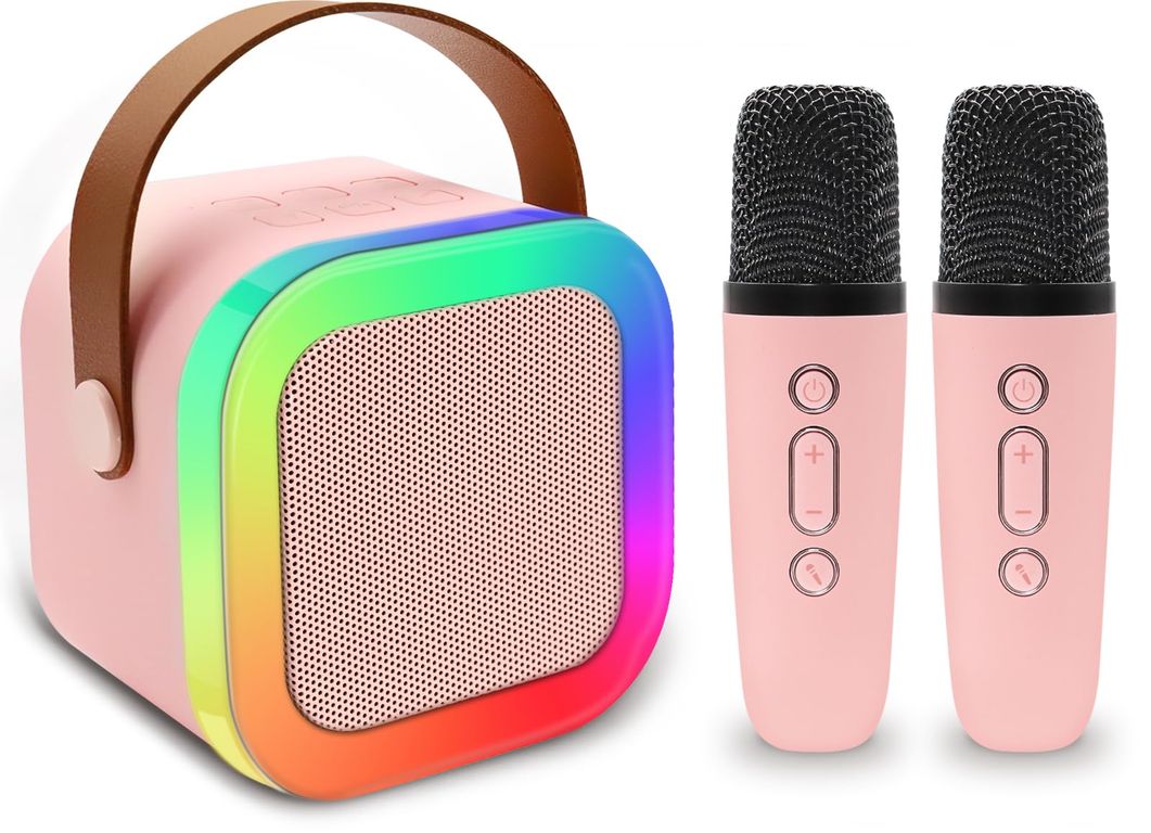 PARLANTE KARAOKE BLUETOOTH CON MICROFONO INALAMBRICO LUCES RGB ROSADO