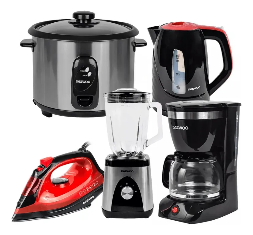 Hervidor 1.7L + Arrocera 1.8L + Licuadora + Plancha + Cafetera