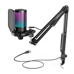 FIFINE - Micrófono A6T Ampligame RGB Condensador + Brazo - Negro