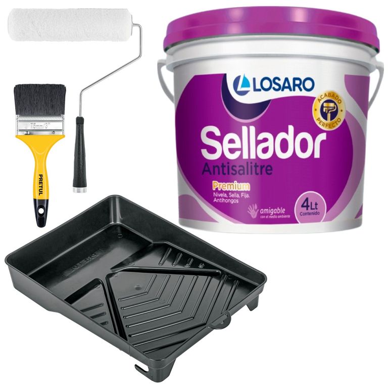 Combo sellador de pared antisalitre 4Lt rodillo bandeja brocha 3p