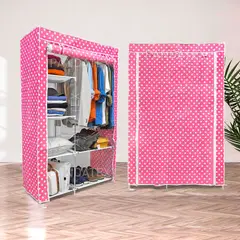 GENERICO - ROPERO ARMABLE 2 CUERPOS TELA C/DISEÑO: ROSA CON PUNTOS BLANCOS