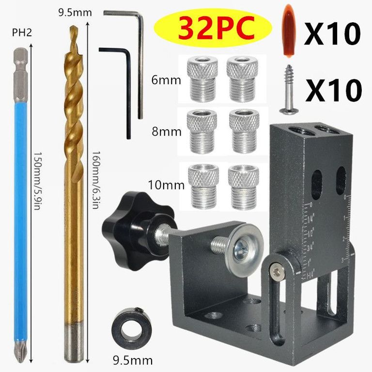 Kit de perforación para Sistema Agujero Oculto Tipo Kreg Set 32 Piezas