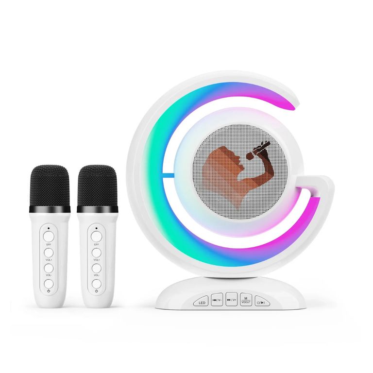 Parlante y Mini Karaoke inalámbrico con 02 micrófonos Color Blanco