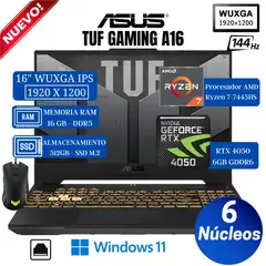 ASUS - Laptop TUF A16 FA607NUG-RL216 16" WUXGA, Ryzen 7-7445HS, Ram 16GB, SSD 512GB, Rtx 4050, Win 11