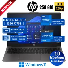 HP - Laptop 250 G10 15.6" LCD LED HD, Core i7-1355U, 13va Gen, Ram 32GB, SSD 512GB, Win 11