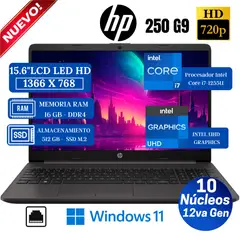 HP - Laptop 250 G9 15.6" LCD LED HD, Core i7-1255U, 12va Gen, Ram 16GB, SSD 512GB, Win 11