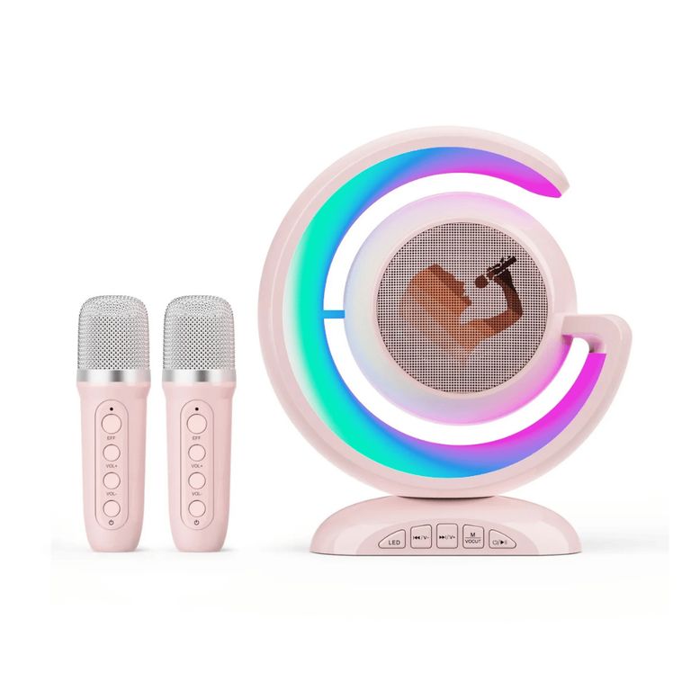 Parlante y Mini Karaoke inalámbrico con 02 micrófonos Color Rosado