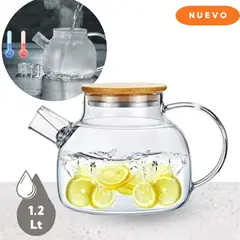 GENERICO - Tetera Transparente de Vidrio de Borosilicato con Tapa de Bambú 1.2 L