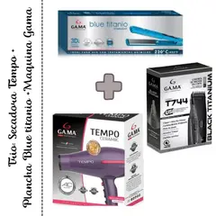 GAMA - Trio Secadora Profesional Tempo Morada 3D - Plancha Alisadora Blue Titanio 3D Dig - Maquina Black