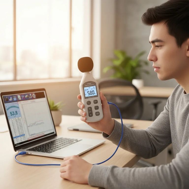 Sonómetro digital blanco portátil mide decibelios ponderación A y C con software usb HY1361