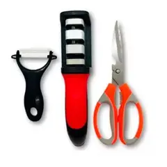GENERICO - Set X 3 Afilador de Cuchillo, Pelador verdura y Tijera de Cocina
