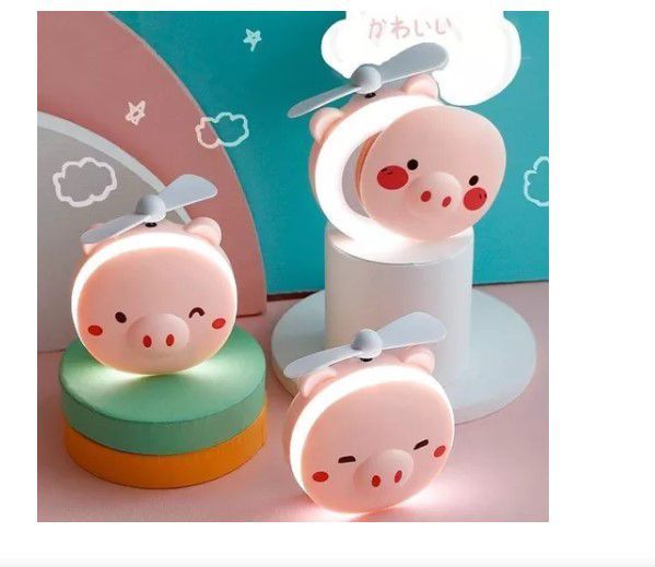 Mini espejo led ventilador cerdito 3 en 1