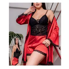 GENERICO - Set de Lencería con Encaje Floral de Satén con Bata