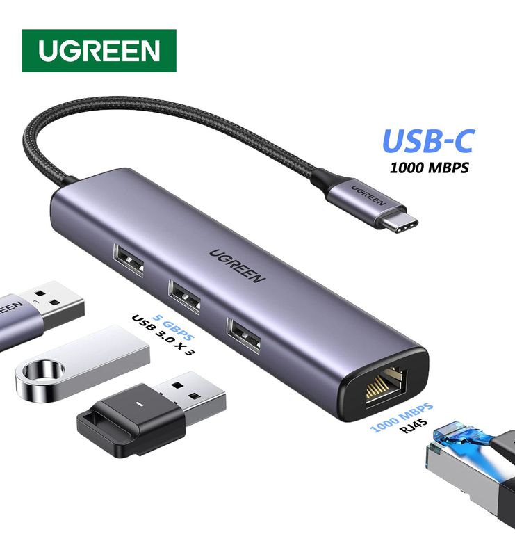 Adaptador Hub Tipo C 4 En 1 - Ethernet 1000 Mbps, 3 x USB 3.0 -
