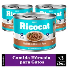 RICOCAT - Pack x3 Comida Húmeda Gato Filetitos Pavo 160gr