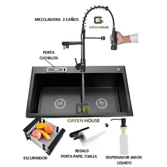 GENERICO - COMBO LAVADERO DE COCINA 2 POZAS + MEZCLADORA 2 CAÑOS NEGRO ACERO