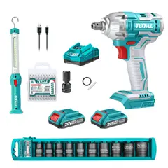 TOTAL TOOLS - Combo Llave de impacto 20v lampara magnética + dados y puntillas Total
