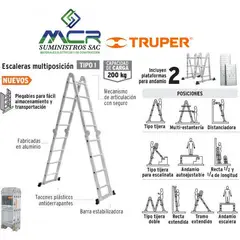 TRUPER - ESCALERA 16 PASOS MULTIPOSICION 200 KG ALUMINIO + PLATAFORMA