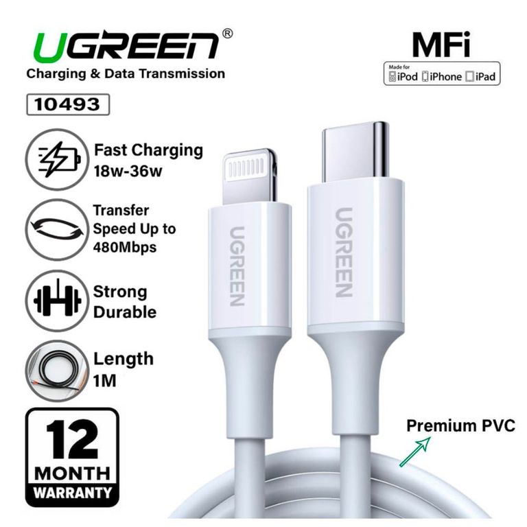 Cable Type C a Lightning 60W Certificado MFI para iPhone 14/13 pro, iPad Pro1M US171 - 10493 BLANCO