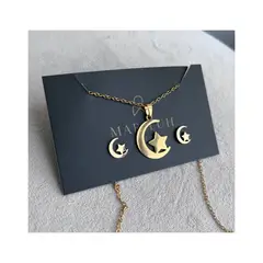 GENERICO - Pack Acero Collar con dije y Aretes - Luna y Estrella Dorado